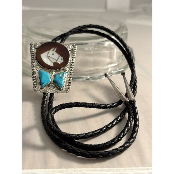 Vintage Mike Simplicio Zuni Sterling Turquoise MOP Horse Inlay Bolo Tie Signed - Picture 1 of 6